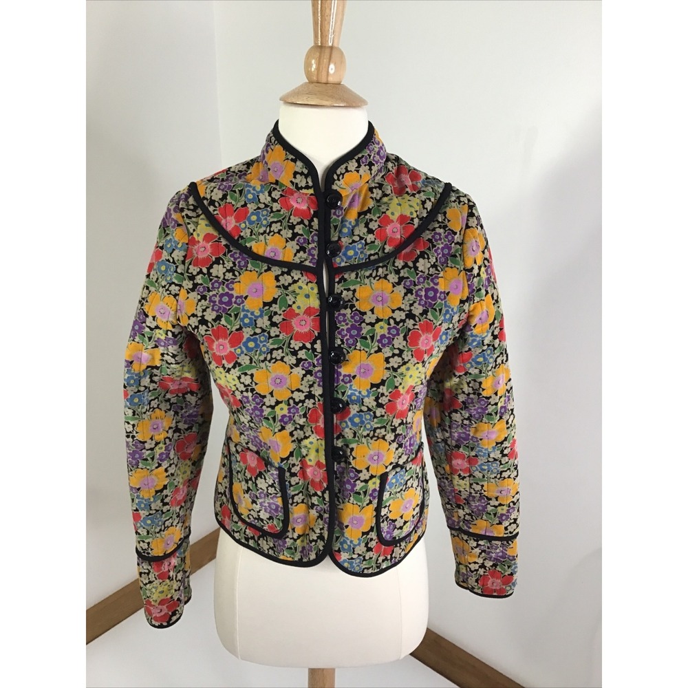 Bright Floral Velvet Folk Style Jacket Mandarin Collar Quilted Size Small
